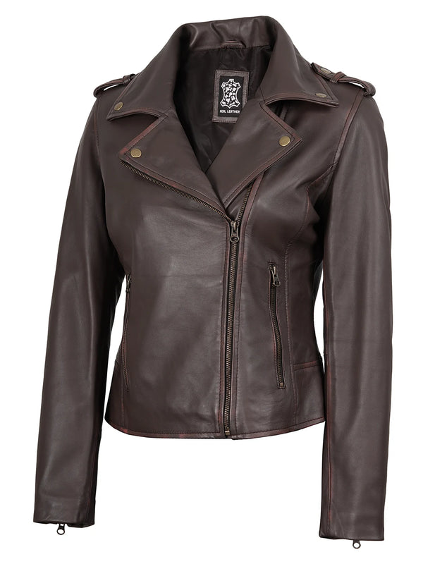 womens biker dark brown jacket