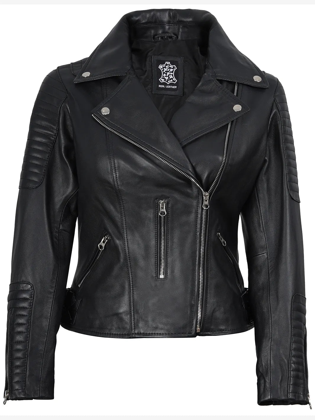 Women's Black Asymmetrical Leather Biker Jacket – Decrum
