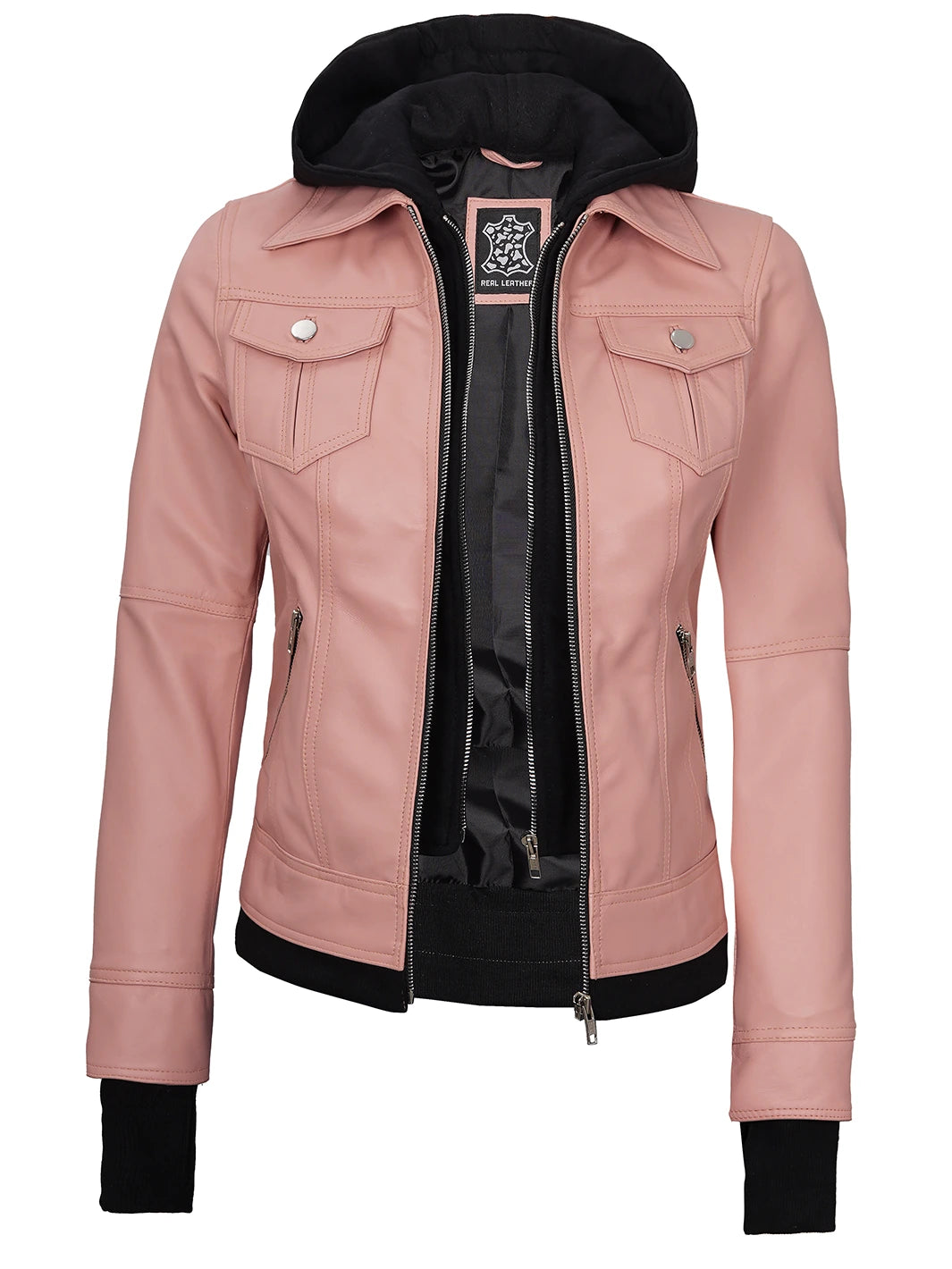 pink leather jacket hooded