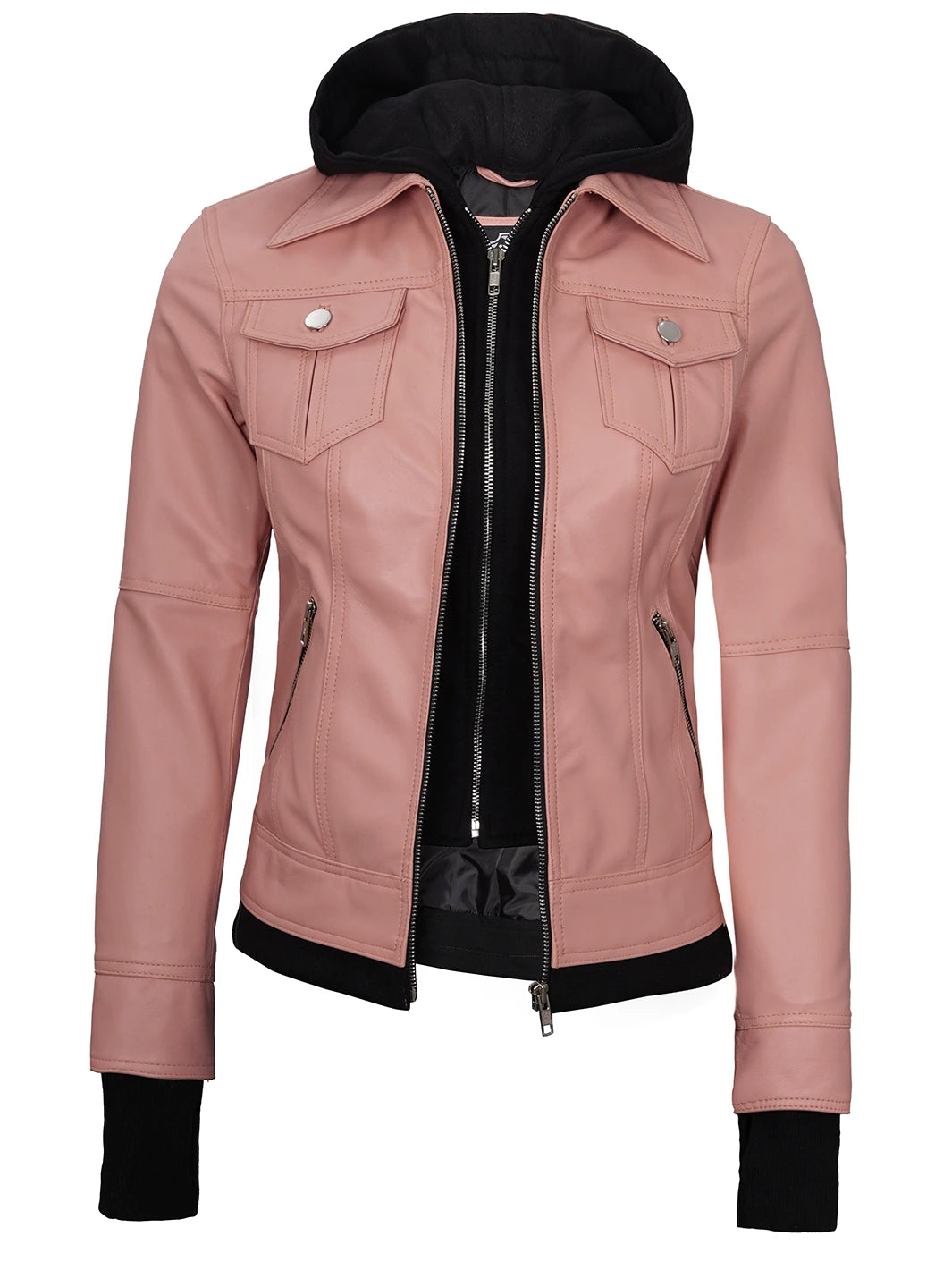 removable hood leather jacket