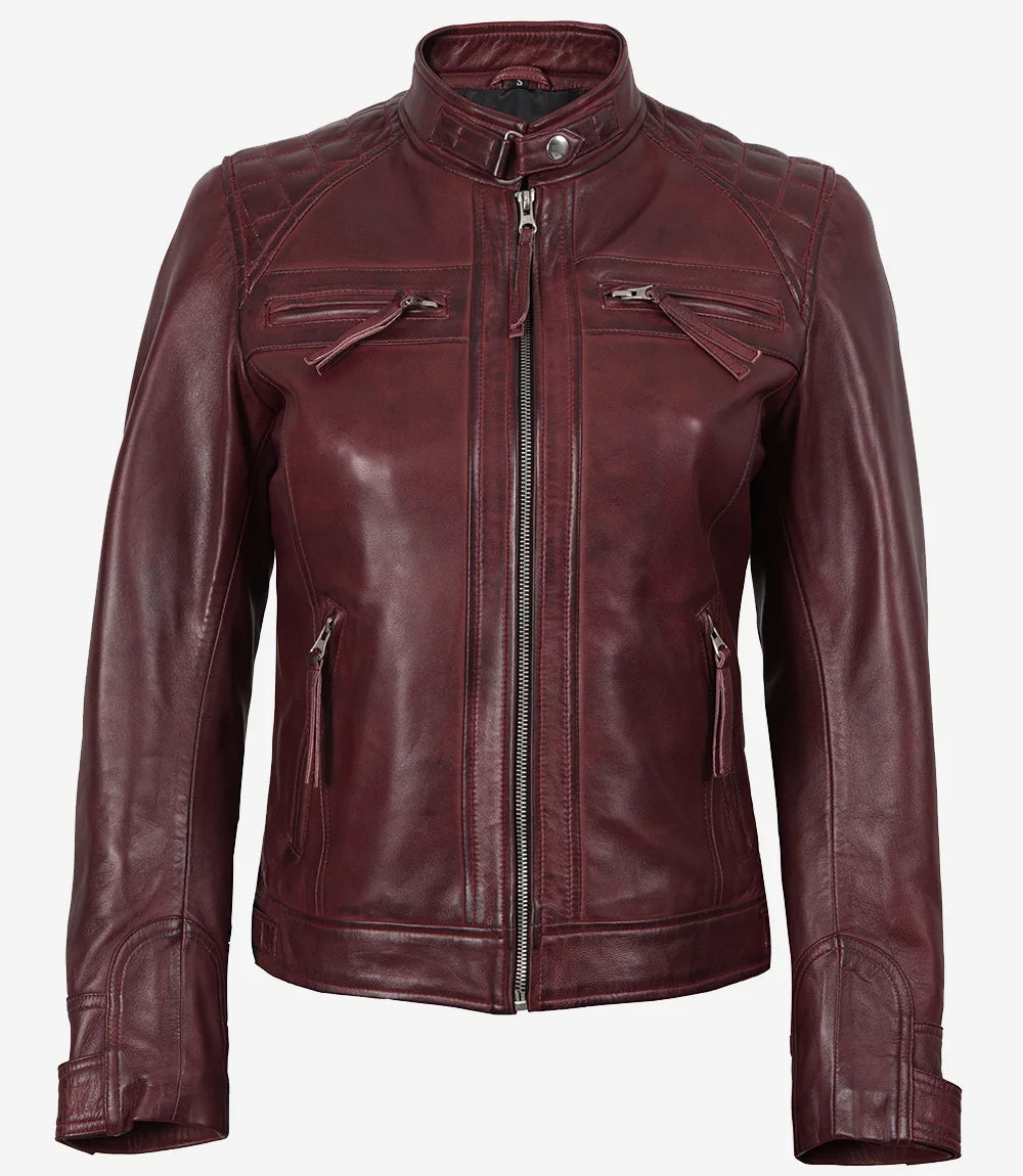Maroon leather jacket on a white background