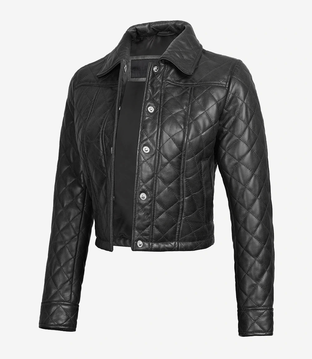 Quilted Black Cropped Leather Jacket Womens