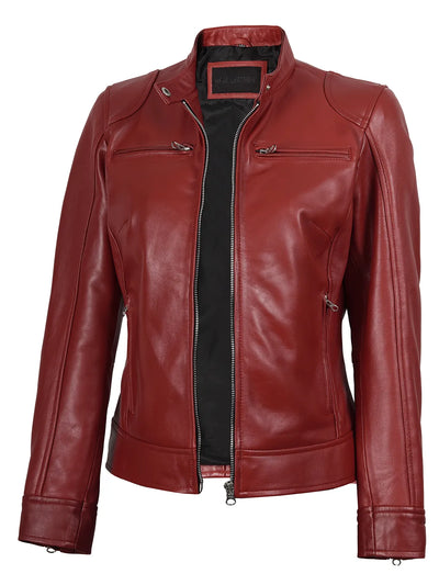 Women's red leather cafe racer jacket