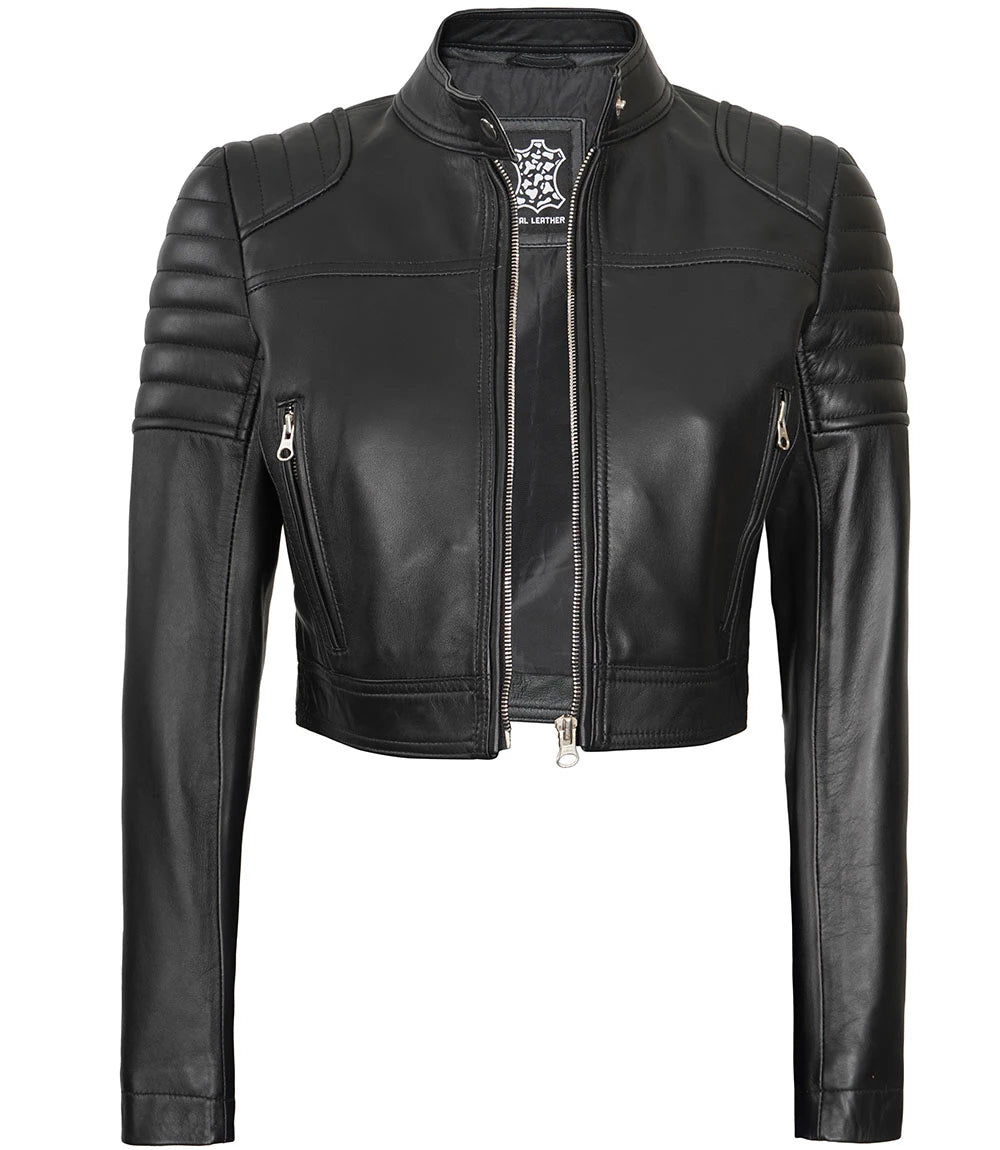 womens black cropped leather moto jacket