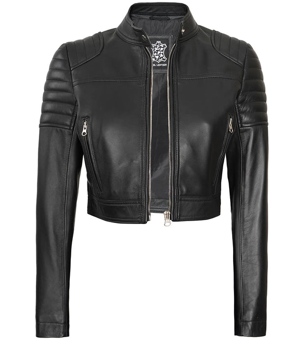 womens black cropped leather moto jacket
