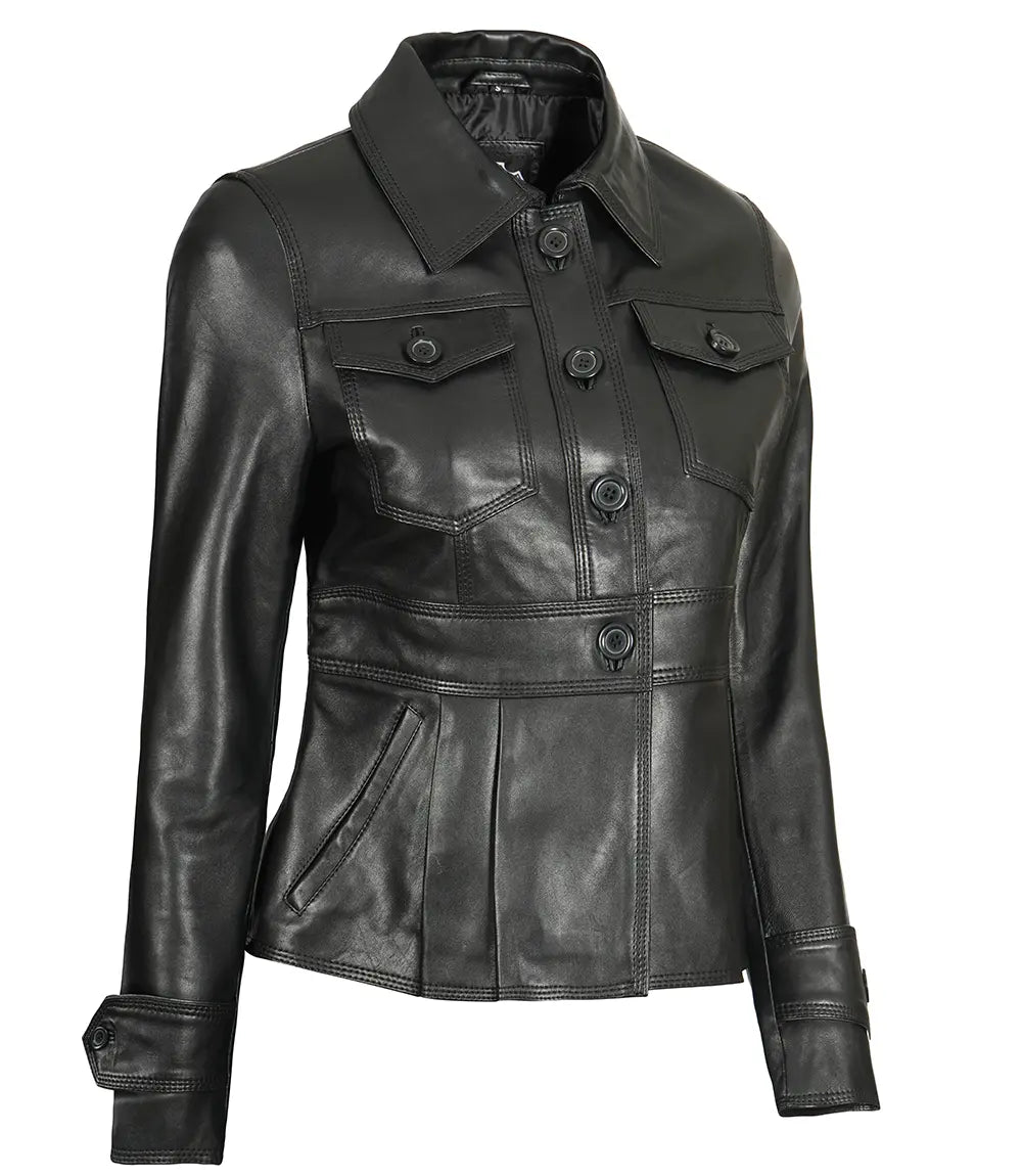 womens black short peplum leather jacket