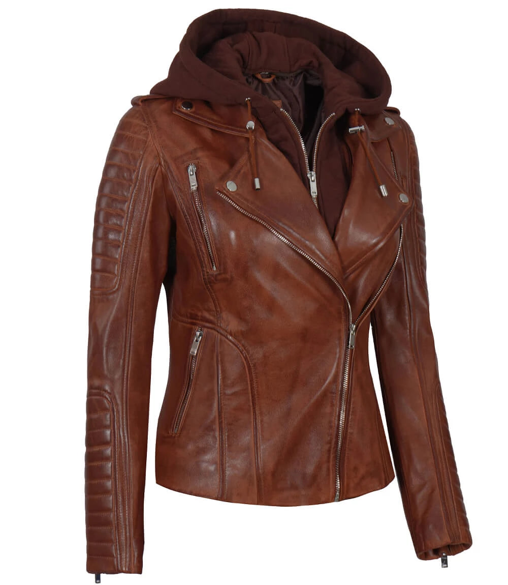 womens cognac leather jacket with hood
