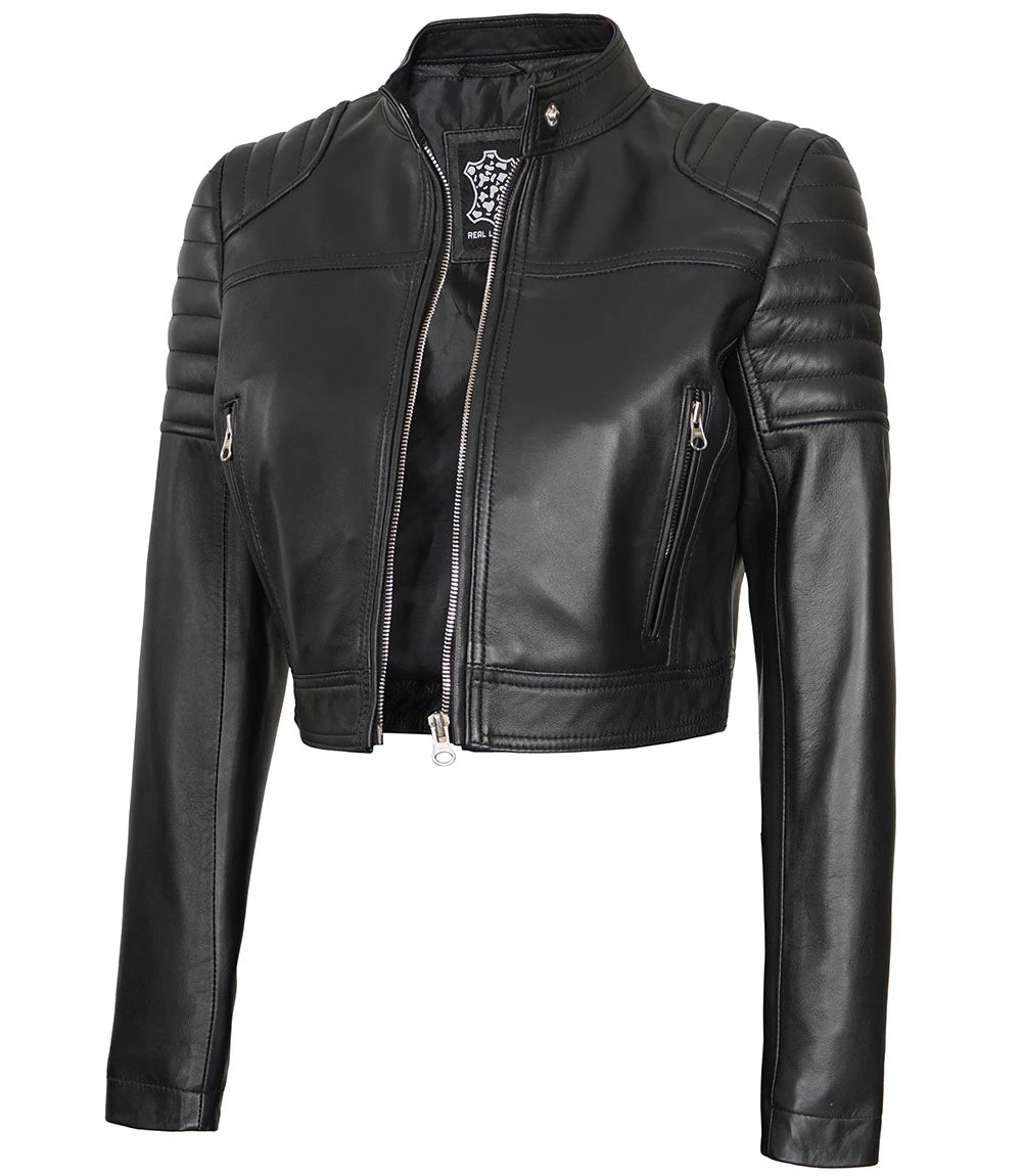 womens cropped leather biker jacket in black