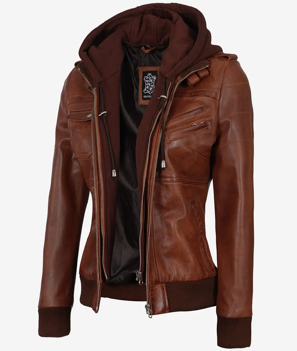 Women hooded bomber leather jacket