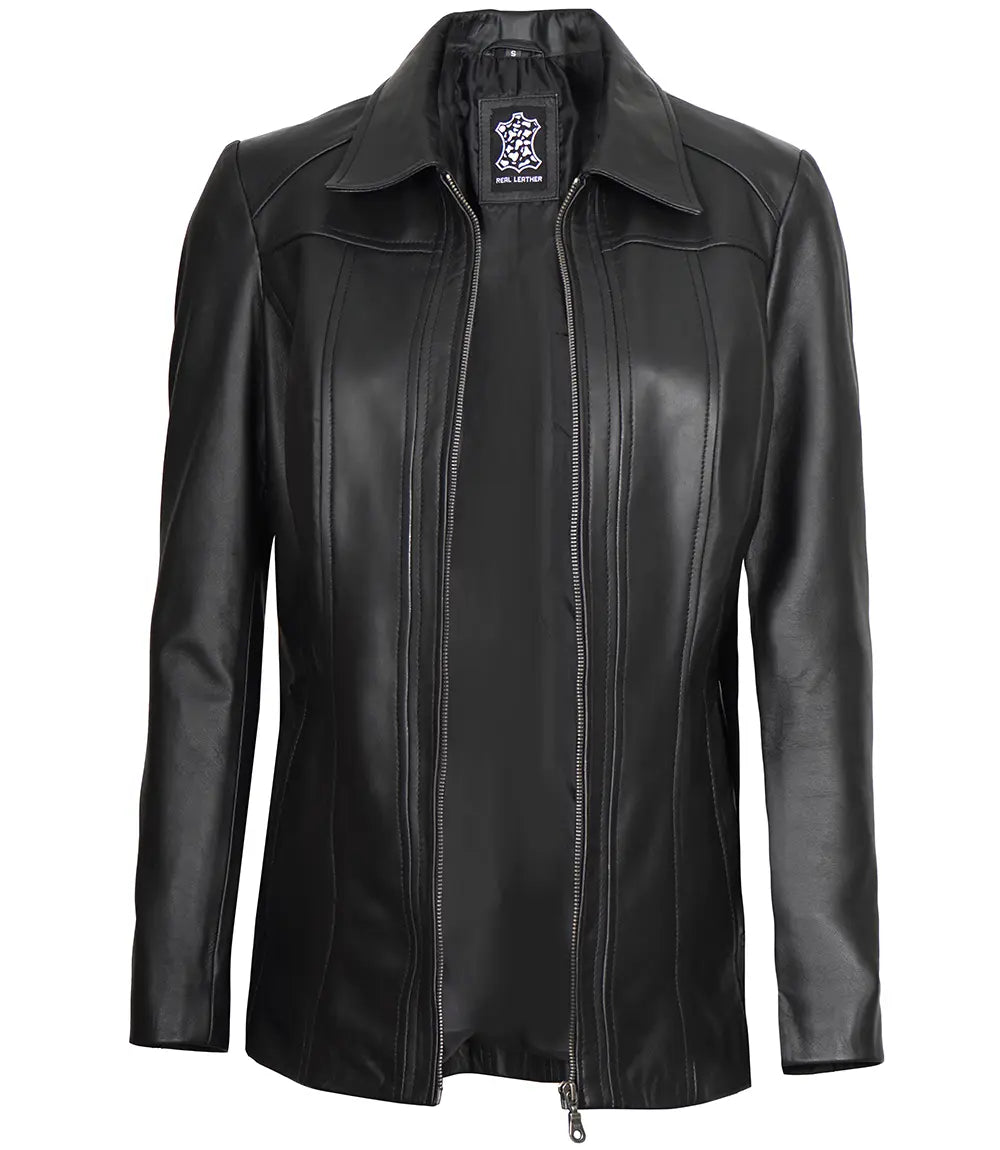 black leather car coat