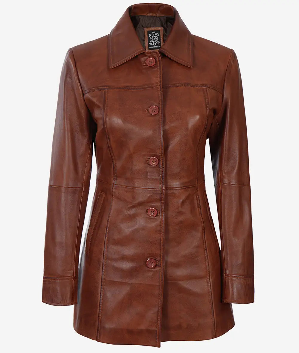 women brown leather car coat