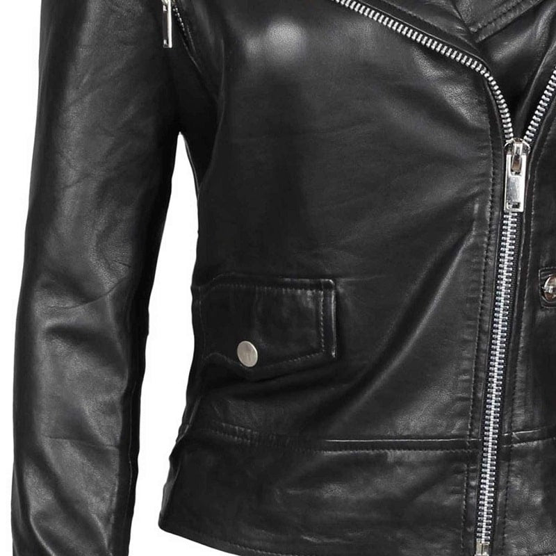 Amber Women Asymmetrical Black Biker Leather Jacket - Decrum