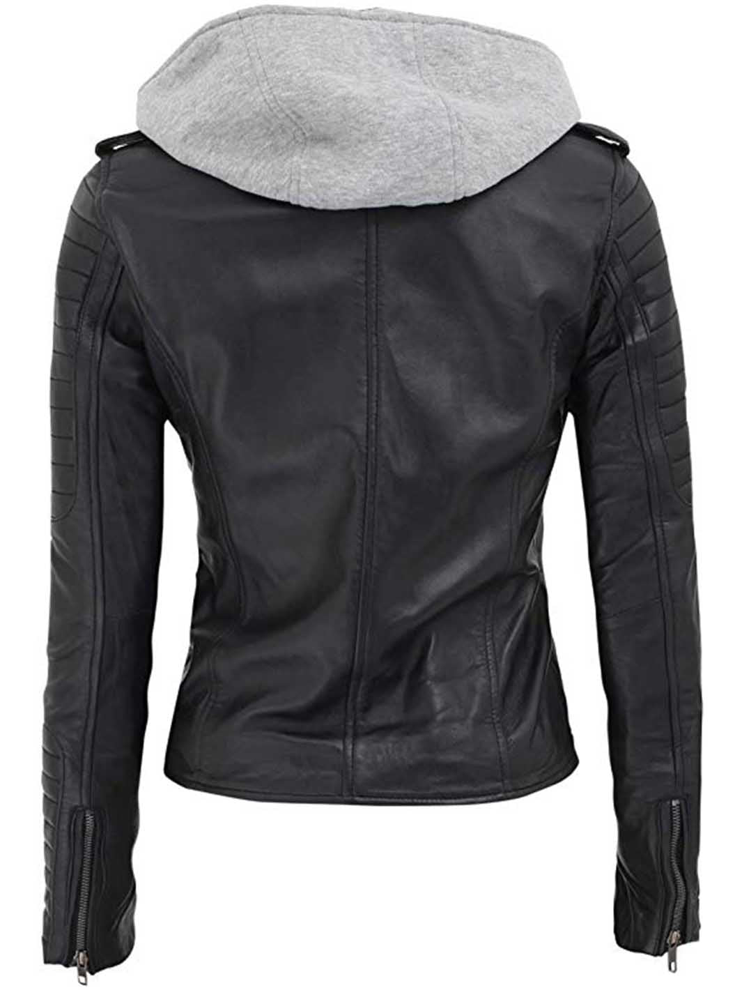 Black Leather Biker Jacket With Removable Hood