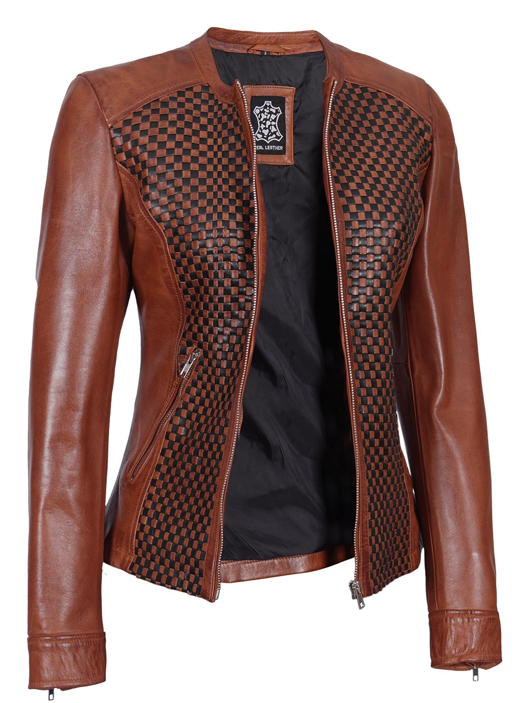 Maude Women Brown Textured Leather Biker Jacket decrumnew