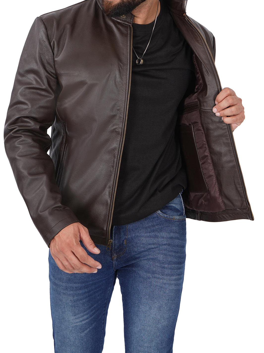 Mens Dark Brown Cowhide Leather Cafe Racer Jacket