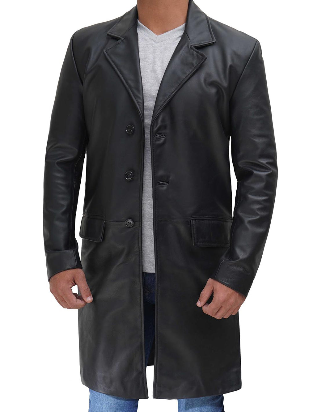 Long Black Leather Trench Coat