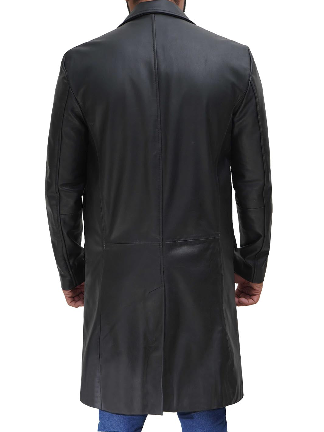 Long Black Leather Trench Coat for Men