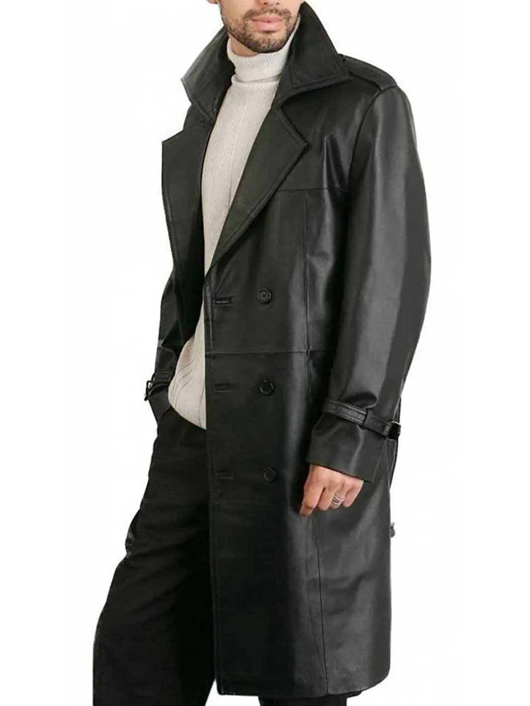 Mens Belted Double Breasted Black Leather Trench Coat - Decrum