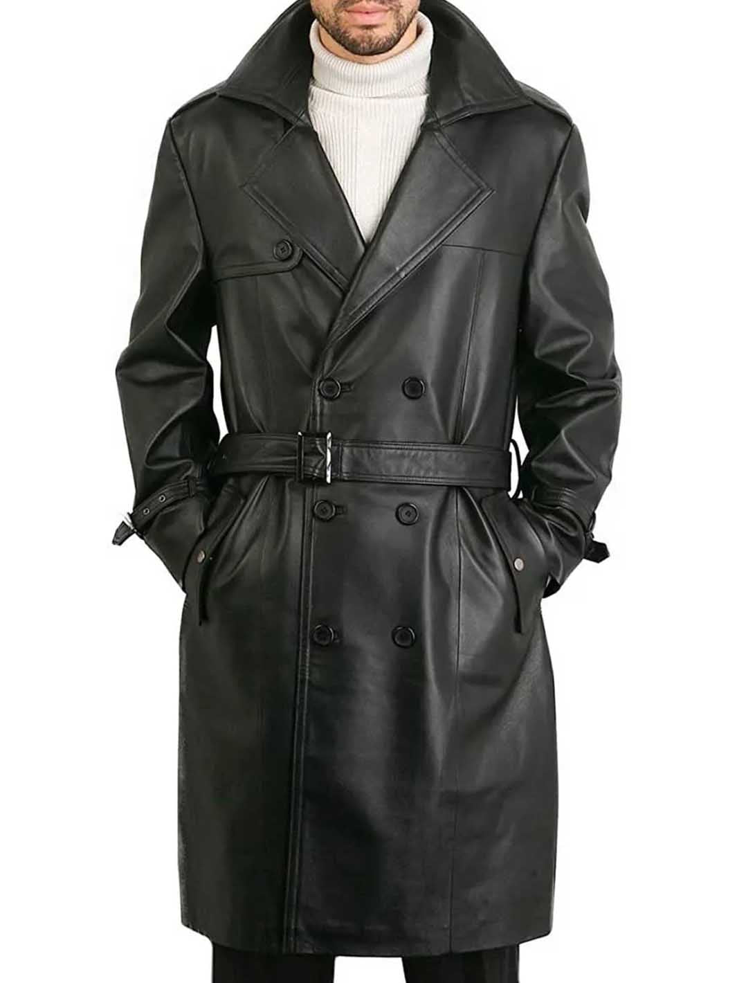 Mens Belted Double Breasted Black Leather Trench Coat - Decrum