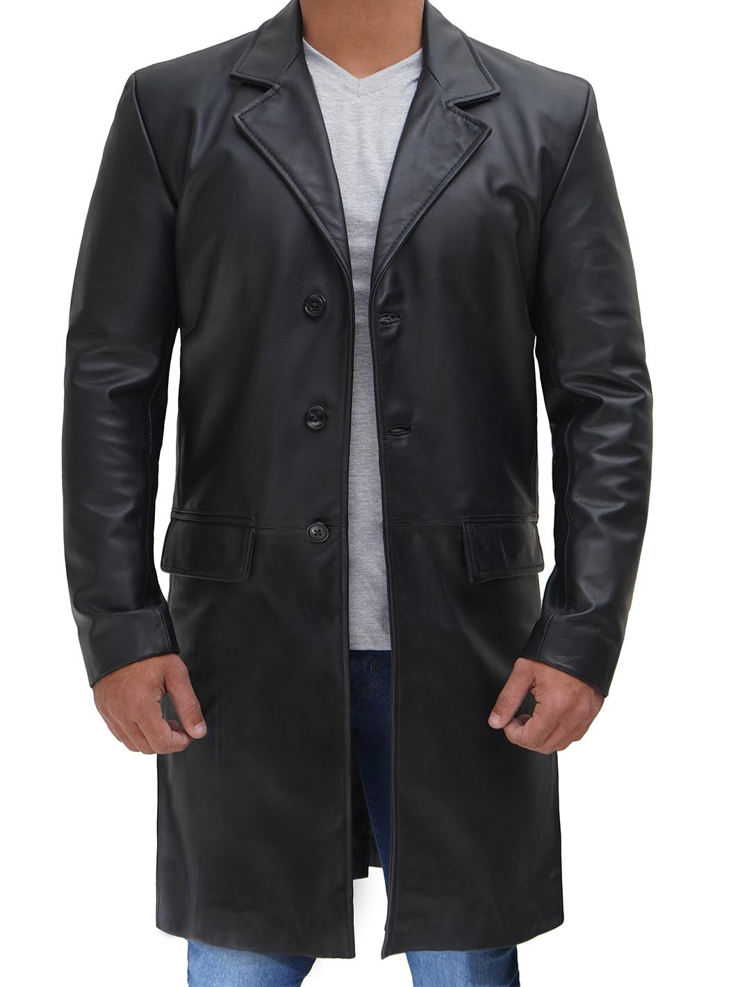 Men's Long Black Leather Trench Coat