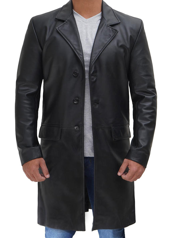 Men's Long Black Leather Trench Coat