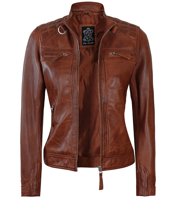 Women Cognac Quilted Cafe Racer Leather Jacket