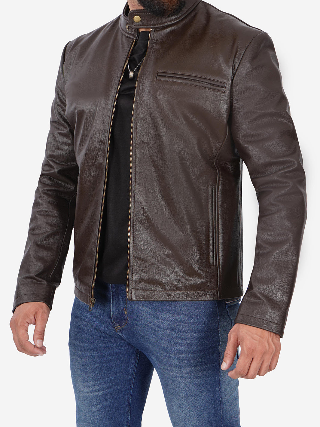 Mens Dark Brown Cowhide Leather Cafe Racer Jacket