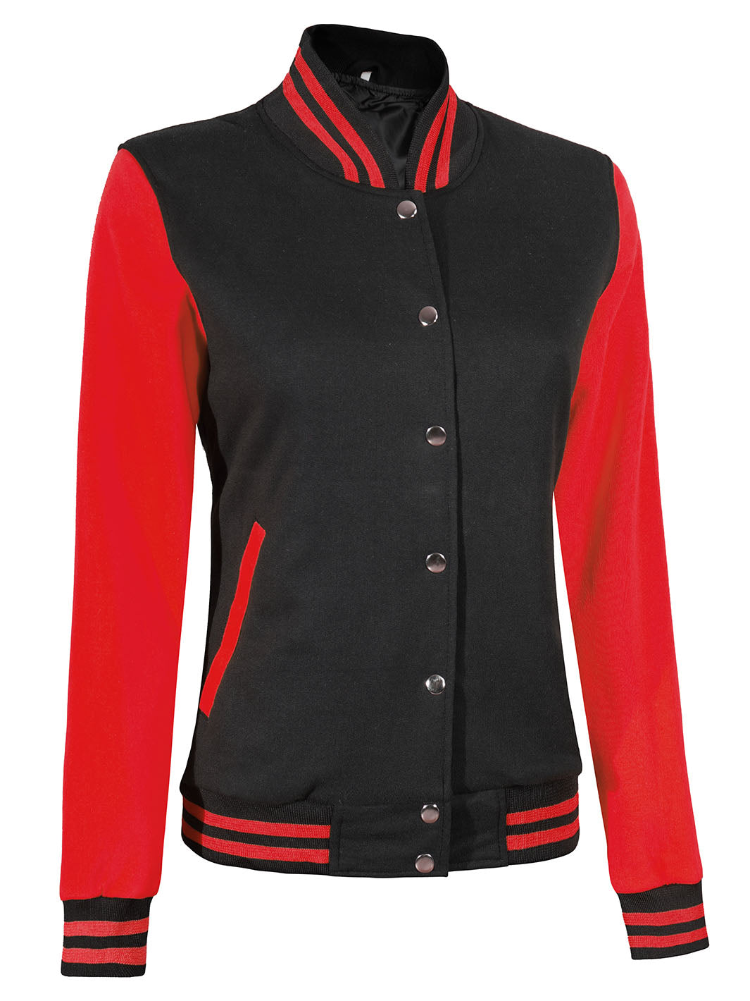 womens red and black varsity jacket