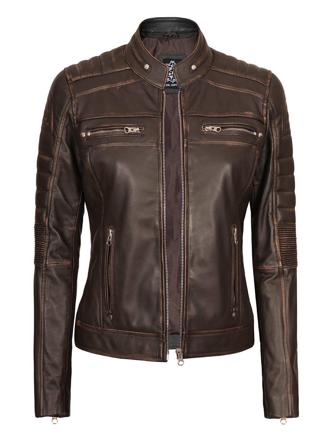 Womens Brown Cafe Racer Biker Leather Jacket