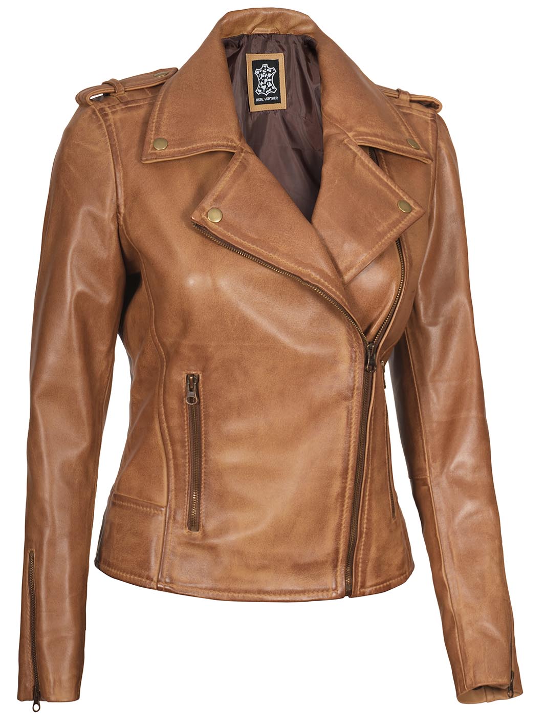 Kirsten Womens Asymmetrical Camel Brown Leather Jacket Decrum