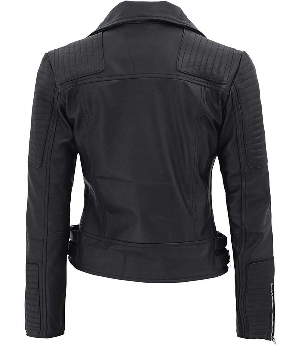 Women Asymmetrical Black Biker real lambskin leather jacket