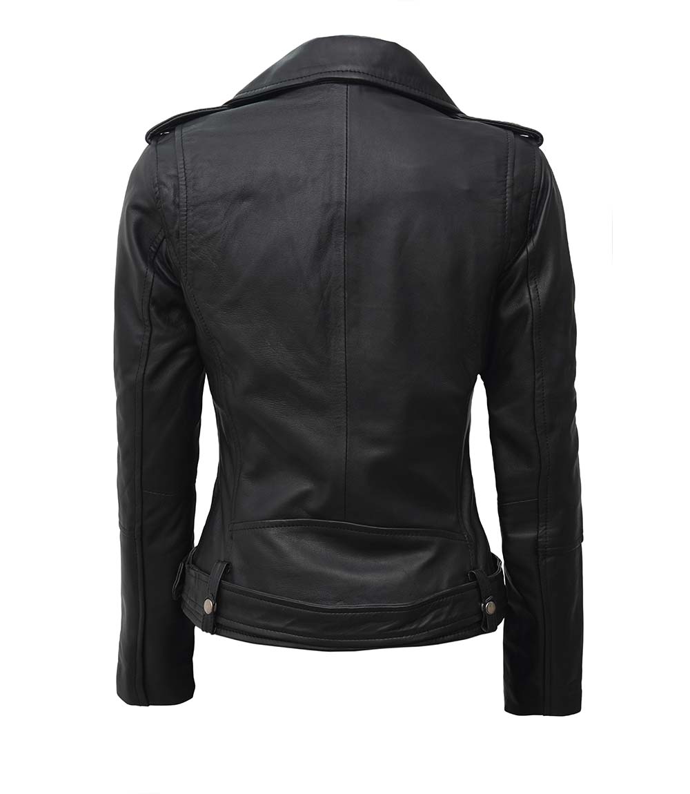 Womens Black Asymmetrical Biker Leather Jacket Decrum