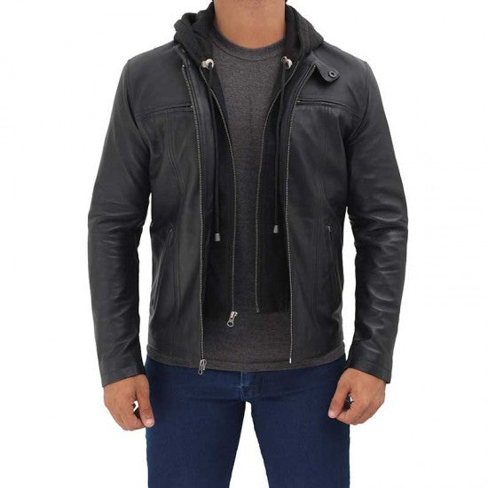 mens hooded leather jacket